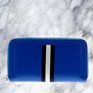 Bally Blue Leather Zip Wallet with Stripe
